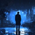 lonely man wearing sui, standing outside alone in rain, detailed, digital sketch , AI generated