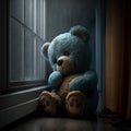 Blue monday concept. Sad blue teddy bear toy on rainy day. AI generative Royalty Free Stock Photo