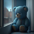 Blue monday concept. Sad blue teddy bear toy on rainy day. AI generative Royalty Free Stock Photo