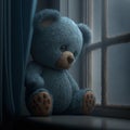 Blue monday concept. Sad blue teddy bear toy on rainy day. AI generative Royalty Free Stock Photo