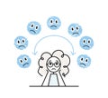 blue monday, hand drawing sad girl with blue emojies flying aroung, bad mood sketch, vector illustration