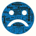 Blue Monday in January is the saddest Monday of the year. Sad smile face shape illustration with word cloud Blue