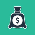 Blue Money bag icon isolated on green background. Dollar or USD symbol. Cash Banking currency sign. Vector Royalty Free Stock Photo
