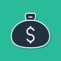 Blue Money bag icon isolated on green background. Dollar or USD symbol. Cash Banking currency sign. Vector Royalty Free Stock Photo