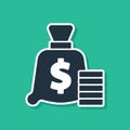 Blue Money bag icon isolated on green background. Dollar or USD symbol. Cash Banking currency sign. Vector Royalty Free Stock Photo