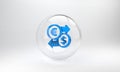 Blue Money exchange icon isolated on grey background. Euro and Dollar cash transfer symbol. Banking currency sign. Glass Royalty Free Stock Photo