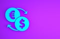 Blue Money exchange icon isolated on purple background. Euro and Dollar cash transfer symbol. Banking currency sign. Minimalism Royalty Free Stock Photo