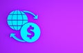 Blue Money exchange icon isolated on purple background. Euro and Dollar cash transfer symbol. Banking currency sign. Minimalism Royalty Free Stock Photo