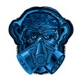 Blue monkey with gas mask on face in engraving style