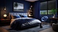 Blue monochrome bedroom. Minimalism.