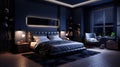 Blue monochrome bedroom. Minimalism.