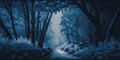 Blue monochrome color haunted path in dark forest Royalty Free Stock Photo