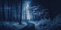 Blue monochrome color haunted path in dark forest Royalty Free Stock Photo