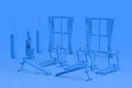 Blue Monochrome Duotone Gymnasium Room Interior with Windows, Exercise Benches, Punching Bags for Boxing Training and Treadmill