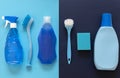 Blue monochrome flay lay of cleaning tool set. Brushes. gel bottles, spray, sponge.