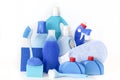 Blue monochrome flay lay of cleaning tool set.