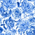 Blue Monochrome Roses Watercolor Vintage Floral Seamless Pattern, Watercolor Bouquet of Roses and Wildflowers Royalty Free Stock Photo