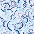 Blue monogram branches with tiny shapes dots, drops, spots seamless pattern. Simple background with abstract textured twisted Royalty Free Stock Photo