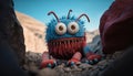 a blue monster sitting on top of a rocky ground next to a red rock. generative ai