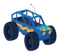 Blue monster truck with large tires and flames design. Big wheels and extreme vehicle for sports or entertainment vector Royalty Free Stock Photo
