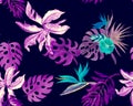 Blue Monstera Background. Indigo Watercolor Leaf. Violet Banana Leaf Painting. Purple Seamless Garden. Pink Pattern Palm. Tropical