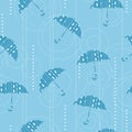 Blue Moody Rainy Day and Umbrella Vector Graphic Art Seamless Pattern Royalty Free Stock Photo