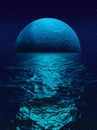 Blue moon realistic reflection in water sea ocean fantastic landscape, 3d render Royalty Free Stock Photo