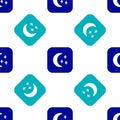 Blue Moon and stars icon isolated seamless pattern on white background. Cloudy night sign. Sleep dreams symbol. Full Royalty Free Stock Photo