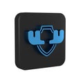 Blue Moose horns on shield icon isolated on transparent background. Hunting trophy on wall. Black square button.