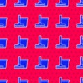 Blue Mop and bucket icon isolated seamless pattern on red background. Cleaning service concept. Vector Royalty Free Stock Photo