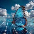 Blue Morpho on Solar Panel: Intricate Patterns and Sky Reflections Blend Nature and Tech, generative ai Royalty Free Stock Photo