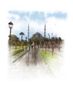 Blue mosque, also called Sultan Ahmed mosque in the center of Istanbul. Watercolor sketch.