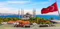 Blue Mosque in front of the Bosphorus and the turkish flag, Istanbul, Turkey panorama Royalty Free Stock Photo