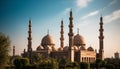 Blue mosque illuminated at sunset, majestic monument generated by AI