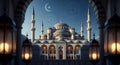 Blue Mosque Istanbul night view through lantern frame moonlit sky Royalty Free Stock Photo