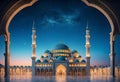 a blue mosque with a starry night sky and a place of worship