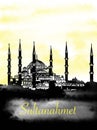 Blue Mosque Sultanahmet camii Turkey Istanbul illustration and text illustration