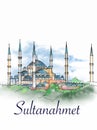 Blue Mosque Sultanahmet camii Turkey Istanbul illustration and text illustration Royalty Free Stock Photo