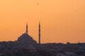 The Blue Mosque of Sultanahmet, in Istanbul, Turkey, silhouetted against the ochre sunset sky Royalty Free Stock Photo