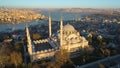 The Blue Mosque Sultanahmet in Istanbul, Turkie. Aerial drone view Shot. Blue sky, sunset.