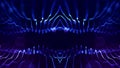 Blue motion design background with symmetrical pattern. Abstract sci-fi background with glow particles form curved lines