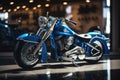 Blue motorbike in showroom, created using generative ai technology