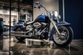 Blue motorbike in showroom, created using generative ai technology