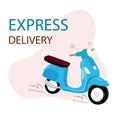 Blue motorbike with text Express delivery. Delivery service. Fast shipment concept. Flat vector illustration. Blue