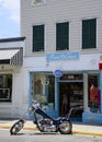 Blue motorcycle chopper parked on the street