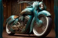 a blue motorcycle with a gold and silver engine and a blue frame around it\'s edges and a wooden floor Royalty Free Stock Photo