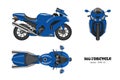 Blue motorcycle in realistic style. Side, top and front view. Detailed image of bike on white background Royalty Free Stock Photo