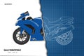 Blue motorcycle in realistic style. Side view. Detailed outline blueprint of motorbike Royalty Free Stock Photo