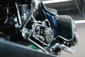 Blue motorcycle in repair sevice closeup background Royalty Free Stock Photo