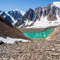 Blue mountain lake on background of mountains. Atmospheric bright landscape with Blue lake in high mountain valley in highland Royalty Free Stock Photo